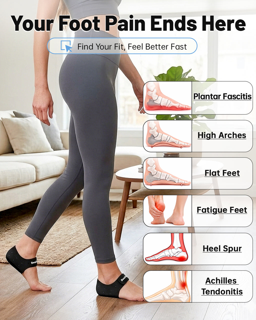 Dualeco Upgraded Plantar Fasciitis Heel Support, More Comfortable Pain Relief, Adjustable Protectors for Men/Women, Cushion Pads for Foot Fatigue/Achilles Tendinitis