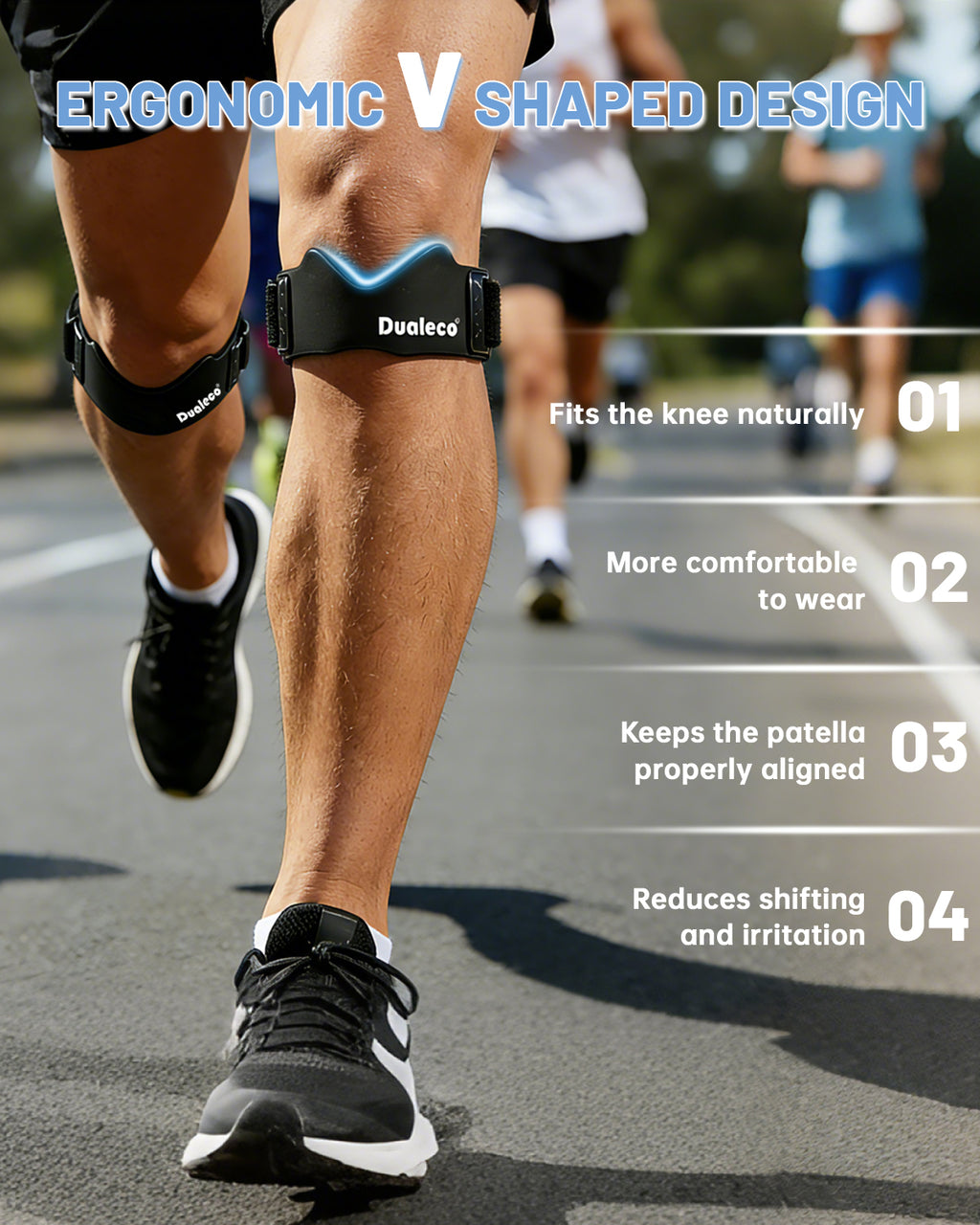 Dualeco 2PCS Patella Tendon Knee Strap with 3D Cushion, Upgraded V Shaped Knee Support for Men/Women, Anti-Slip Knee Brace for Running/Gym/Weight Lifting, Patellar Strap for Meniscus Tear/Arthritis