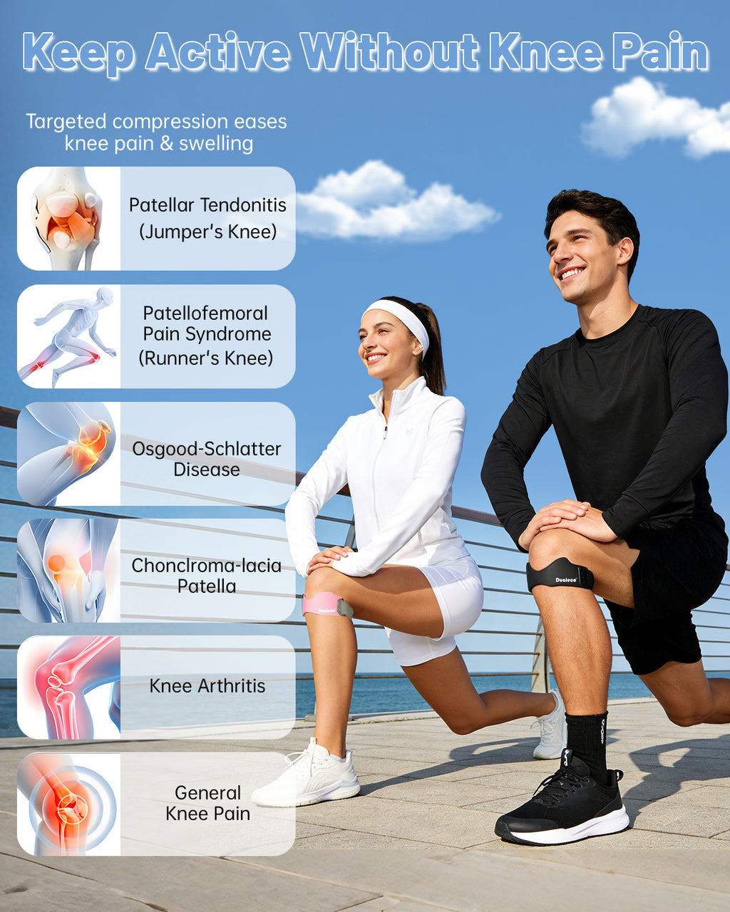 Dualeco 2PCS Patella Tendon Knee Strap with 3D Cushion, Upgraded V Shaped Knee Support for Men/Women, Anti-Slip Knee Brace for Running/Gym/Weight Lifting, Patellar Strap for Meniscus Tear/Arthritis